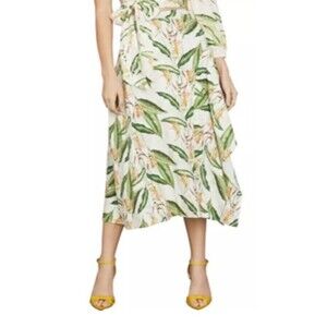 BCBG MAXAZRIA Bird of Paradise XXS Linen MIDI Skirt Tropical Floral Coconut Girl
